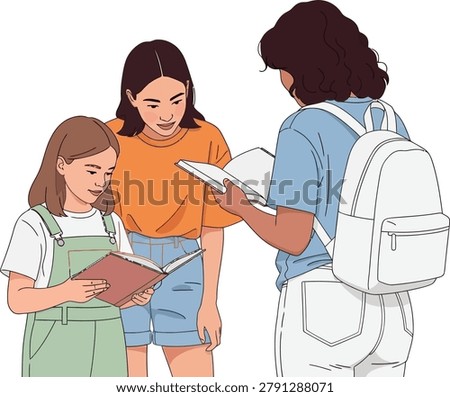 Three diverse young students study together using open books in this colorful and modern flat vector graphic design art style