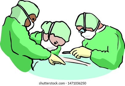 Three doctors made a scalpel incision to a patient on a surgical table...