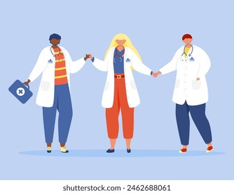 Three doctors in medical coats holding hands on a blue background	