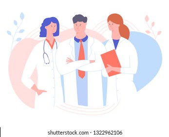 Three doctors on a pastel background. A man and two women in white coats. Medicine, hospital workers, online consultation on diseases. Vector illustration.