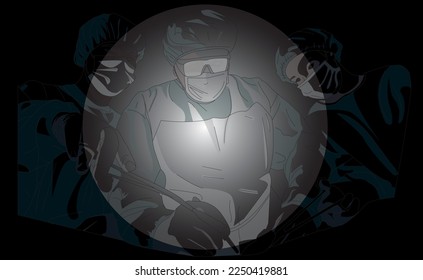 Three doctors operate on a black background. Ghostly outlines of doctors. Doctors treat a person together.
