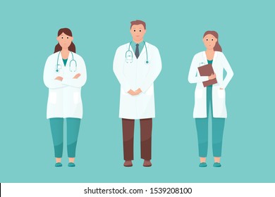 Three doctors standing tall. Medical care or urgent care concept. Friendly and caring doctors meet the patient. Flat cartoon vector illustration on isolated background.