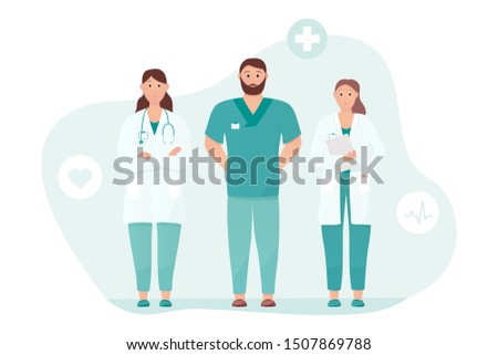 Three doctors standing tall. Medical care or urgent care concept. Friendly and caring doctors meet the patient. Applicable for heart clinic advertisement. Flat vector illustration.