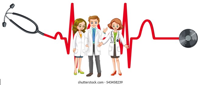 Ilustración de tres médicos y estetoscopio
