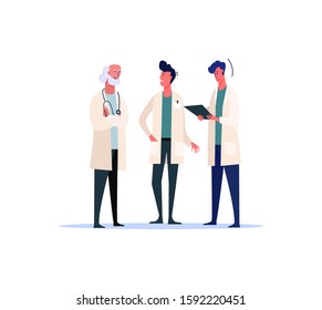 Three doctors talking. Communication flat vector illustration. Medical service concept for banner, website design or landing web page
