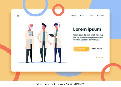 Three doctors talking. Communication flat vector illustration. Medical service concept for banner, website design or landing web page