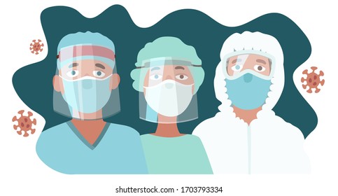 Three doctors use protective face mask and work at hospitals for your safety during the covid-19 epidemic and pandemic. Cartoon flat illustration isolated on white background.