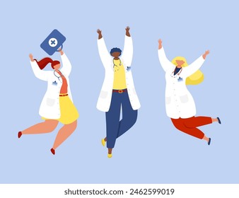 Three doctors in white coats jumping and celebrating on a blue background