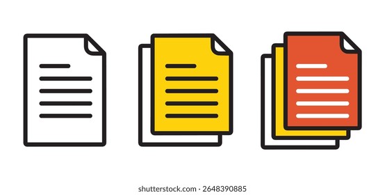Three Document Icons Black White Yellow Orange Stacked Papers Simple Line Art Graphic Design