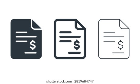 Three document icons showing financial bills with dollar signs in solid outline and thinline styles