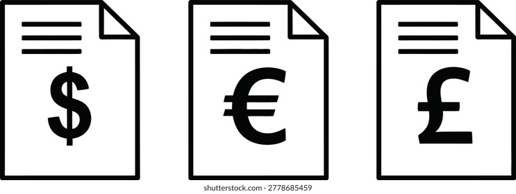 Three documents with USD, EUR, and GBP currency symbols