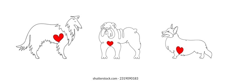 Three dog breeds drawn with one line. Collie, bulldog and corgi.