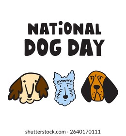 Three dog faces. National dog day. Banner. Flat vector design on white background.