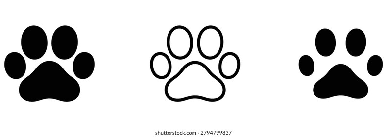 Three dog paw prints in different styles on a white background, ideal for pet designs, branding, and animal related projects