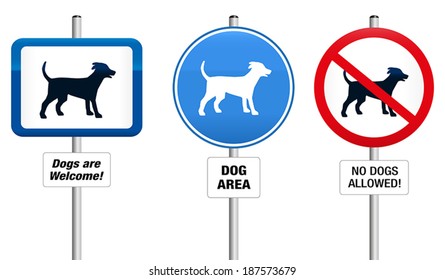 Three dog signs, that say: Dogs are Welcome! - Dog Area - No Dogs Allowed.