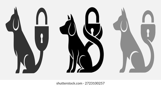 Three dog silhouettes with padlocks, varying shades of gray, symbolizing protection or restraint.