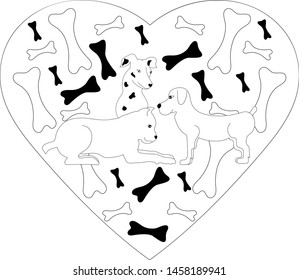 Three dogs among the pitted pattern in the contour of the heart. Zenart. Antistress coloring.