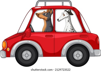 Tres perros conduciendo en la ilustración de un coche rojo