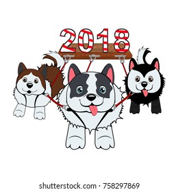 three dogs run in harness and carry the symbol of the year in the sled.  Merry Christmas vector illustration. Happy new year.