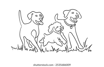 Three dogs running together isolated on white background. Animals outline. Vector illustration	