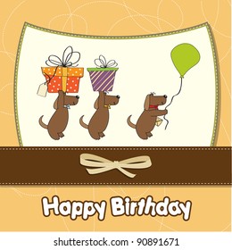 three dogs that offer a big gift. birthday greeting card