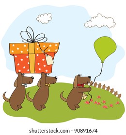 three dogs that offer a big gift. birthday greeting card