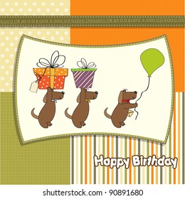 three dogs that offer a big gift. birthday greeting card