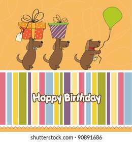 three dogs that offer a big gift. birthday greeting card