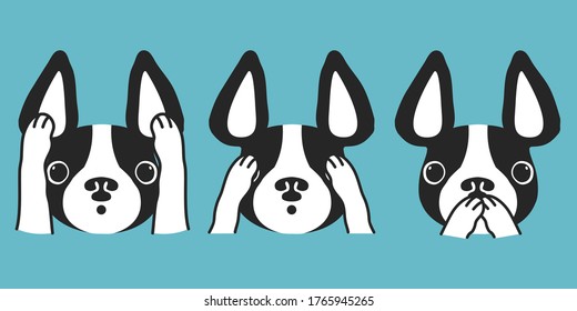 Three dogs vector character illustration  See no evil  hear no evil  speak no evil  French bulldog cartoon blue background 