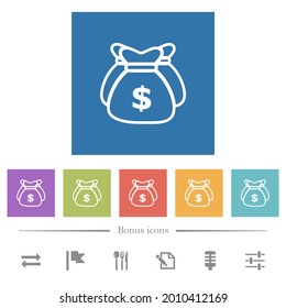 Tres bolsas de dólares muestran iconos blancos planos en los fondos cuadrados. 6 iconos de bonificación incluidos.