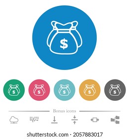 Tres bolsas de dólares muestran iconos blancos planos sobre fondo de color redondo. 6 iconos de bonificación incluidos.