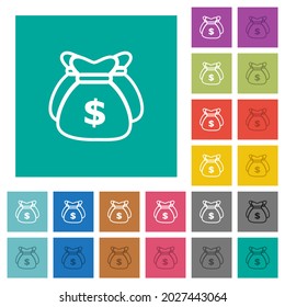 Drei Dollar-Taschen umreißen mehrfarbige Flachsymbole auf einfarbigem Hintergrund. Weiße und dunklere Icon-Variationen für Hover oder aktive Effekte.