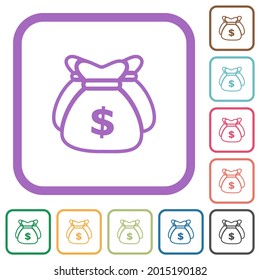 Three Dollar bags outline simple icons in color rounded square frames on white background