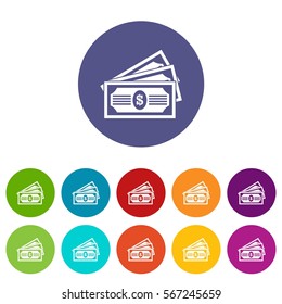 Three dollar bills set icons in different colors isolated on white background