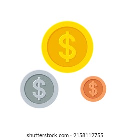 Three dollar coins of different sizes – gold, silver and copper. Flat vector illustration icon set isolated on white background. Business, banking, gambling concept. For web, app, game interface 