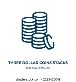 Las monedas de tres dólares apilan un icono. Ilustración lineal vectorial de la colección de empresas y finanzas. Esbozar monedas de tres dólares apilan el vector de iconos. Símbolo de línea delgada para uso en aplicaciones web y móviles, logotipo, 