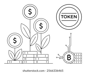 Three dollar signs growing from stacks of coins plants a large token labeled TOKEN and a stylized Bitcoin symbol with circuit lines. Ideal for finance economics digital currencies investments