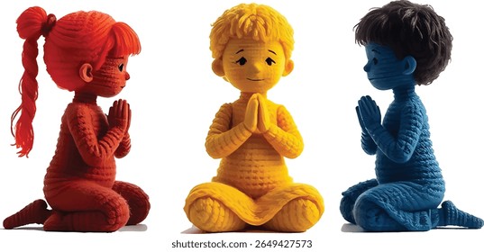 Three dolls kneeling in prayer. One is red, one is yellow, and one is blue. They are all in a meditative state, seeking inner peace and spiritual growth.