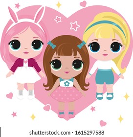 three dolls on the background of a heart