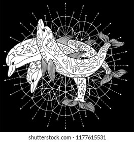 Three dolphins against white circle on black background. Esoteric, occult and mysterious concept with sacred geometry elements, graphic vector illustration 