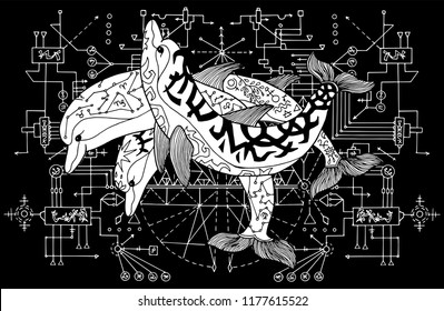 Three dolphins against white pattern with sacred geometry on black. Esoteric, occult and mysterious concept with sacred geometry elements, graphic vector illustration 