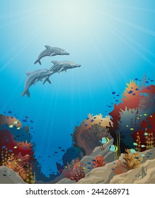 Three dolphins  and coral reef on a blue sea. Underwater vector illustration.