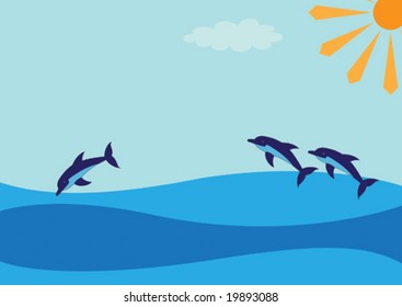 Three dolphins diving into sea waves.