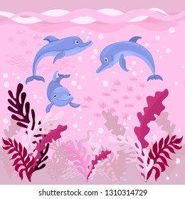 Three dolphins and fish swim in the ocean water. Among the fish and algae at the bottom. Vector illustration of sea and marine fauna