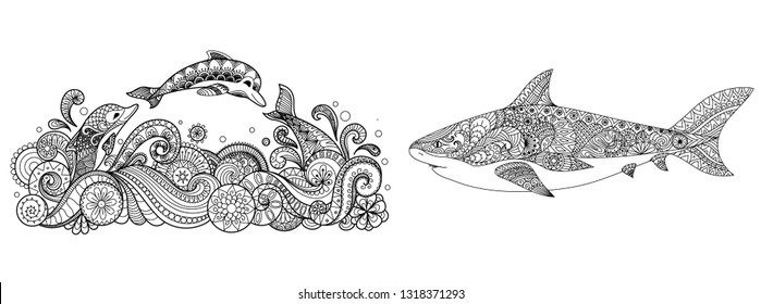 Three dolphins jumping into the sea and shark collection for adult coloring pages,t shirt design,print on product,tattoo and other design element. Vector illustration