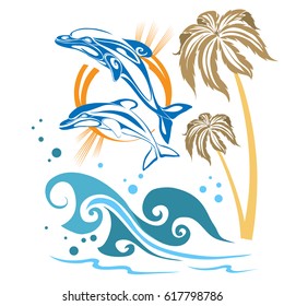 Three dolphins on a background of the coming sun
