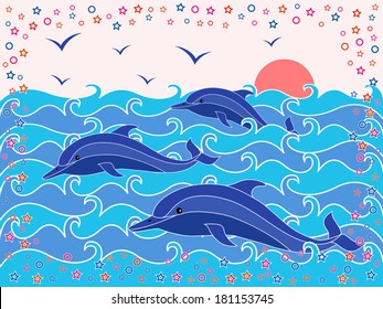 Three Dolphins in the sea waves at sunrise, hand drawing vector illustration