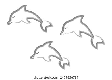 Three dolphins. Sketch. Vector illustration. Hand drawn watercolor drawing. Outline on a white isolated background. Collection of marine mammals. An ocean dweller with fins and a tail. Doodle style. 