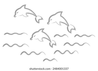 Three dolphins. Sketch. Vector illustration. Collection of marine mammals diving into the waves. Hand drawn watercolor drawing. Outline on a white isolated background. Ocean dweller. Coloring book.