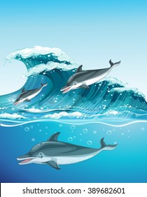 Three dolphins swimming in the ocean illustration